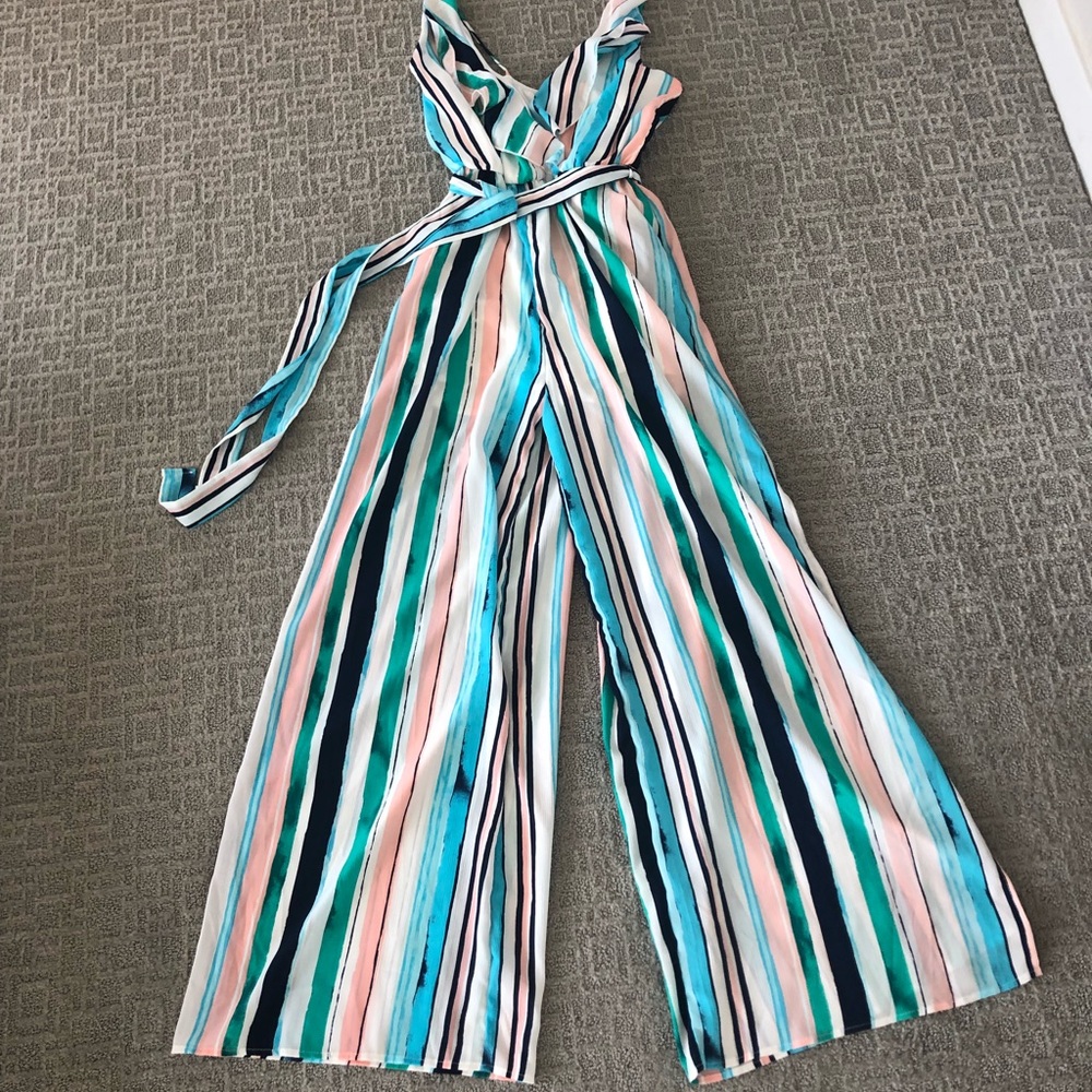 Peach Love Watercolor Striped Jumpsuit NWT